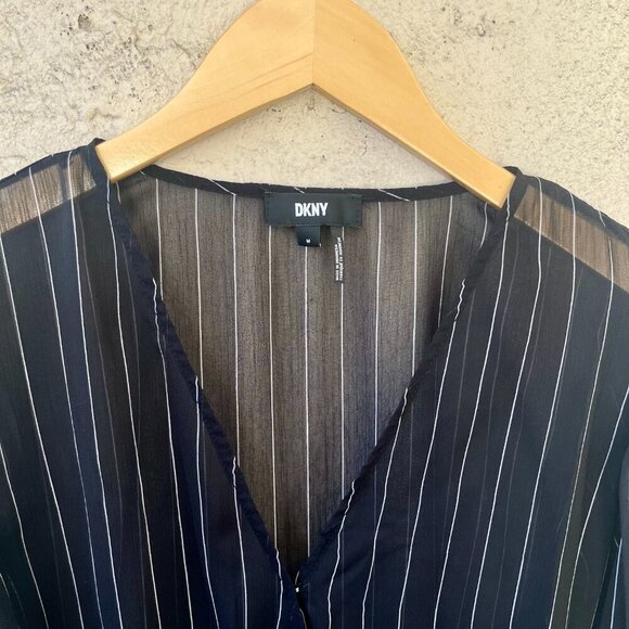 DKNY Black Striped Peplum Sheer Blouse Medium - Picture 6 of 9